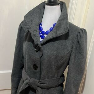 Vintage Jonathan Stone Ruffle Collar Belted Winter Jacket Large Gray Pea Coat